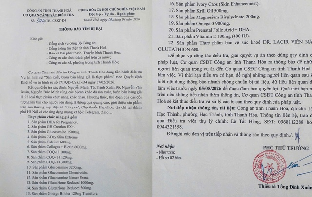 C&ocirc;ng an tỉnh Thanh H&oacute;a th&ocirc;ng b&aacute;o t&igrave;m bị hại trong vụ sản xuất, bu&ocirc;n b&aacute;n 22 loại thực phẩm chức năng giả- Ảnh 1.