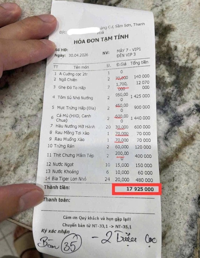 C&ocirc;ng an Thanh H&oacute;a th&ocirc;ng tin vụ h&oacute;a đơn 1,7 triệu/kg ghẹ đỏ g&acirc;y x&ocirc;n xao dư luận- Ảnh 1.