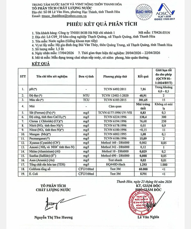 Vụ nước giếng khoan chuyển m&agrave;u t&iacute;m, h&ocirc;i tanh: Kết quả x&eacute;t nghiệm nhiều chỉ số vượt chuẩn h&agrave;ng chục lần- Ảnh 2.