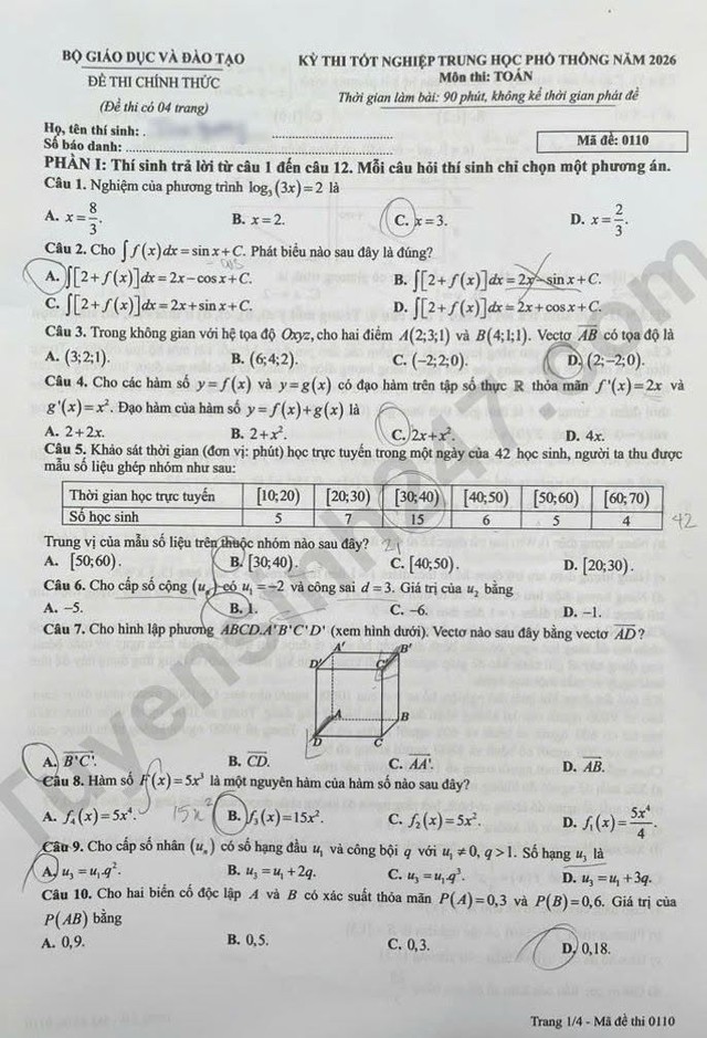 Đáp án môn Toán thi tốt nghiệp THPT 2026 nhanh nhất, đầy đủ nhất mã đề 0110 - Ảnh 1.