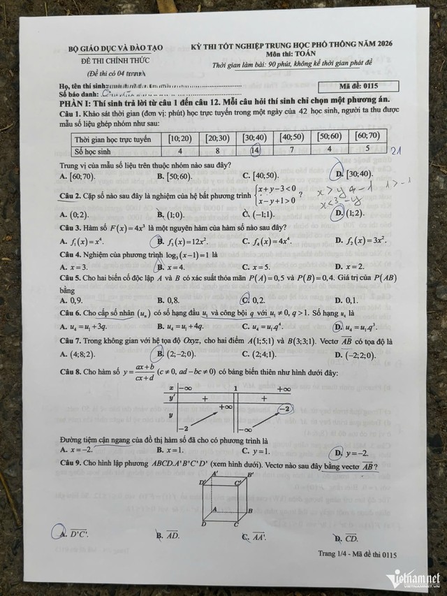 Đáp án môn Toán thi tốt nghiệp THPT 2026 nhanh nhất, đầy đủ nhất mã 0115 - Ảnh 1.