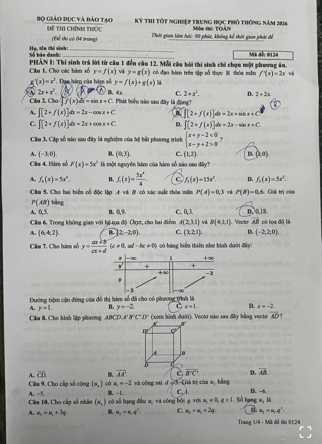 Đ&aacute;p &aacute;n m&ocirc;n To&aacute;n thi tốt nghiệp THPT 2026 nhanh nhất, đầy đủ nhất m&atilde; đề 0124 - Ảnh 2.