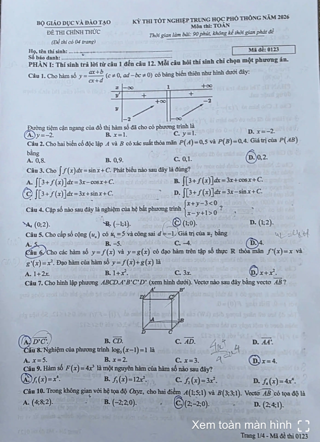 Đáp án môn Toán thi tốt nghiệp THPT 2026 nhanh nhất, đầy đủ nhất mã đề 0123 - Ảnh 1.