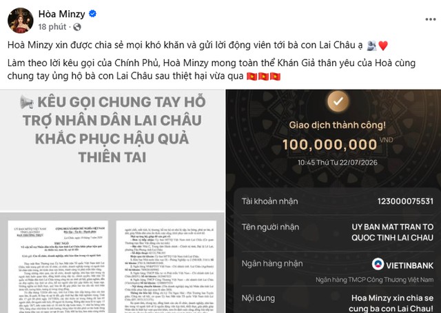 Ca sĩ Hòa Minzy chuyển khoản 100 triệu đồng ủng hộ khắc phục hậu quả thiên tai- Ảnh 1.