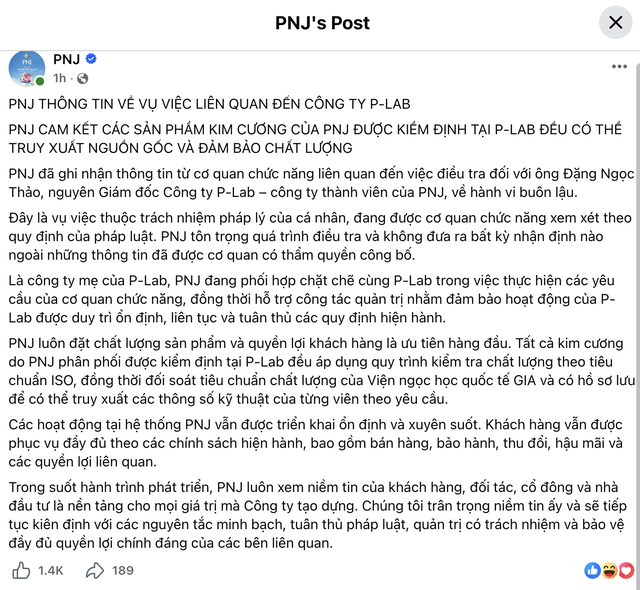 PNJ lên tiếng về chất lượng kim cương sau vụ khởi tố nguyên Giám đốc P-Lab- Ảnh 1.