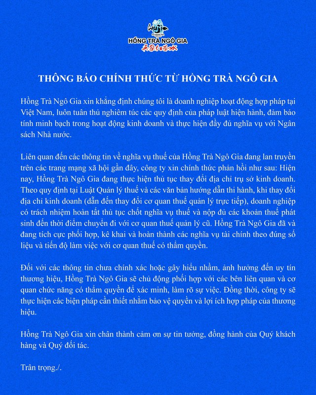 Động thái của Hồng Trà Ngô Gia về thông tin nợ thuế hơn 20 tỷ đồng- Ảnh 1.
