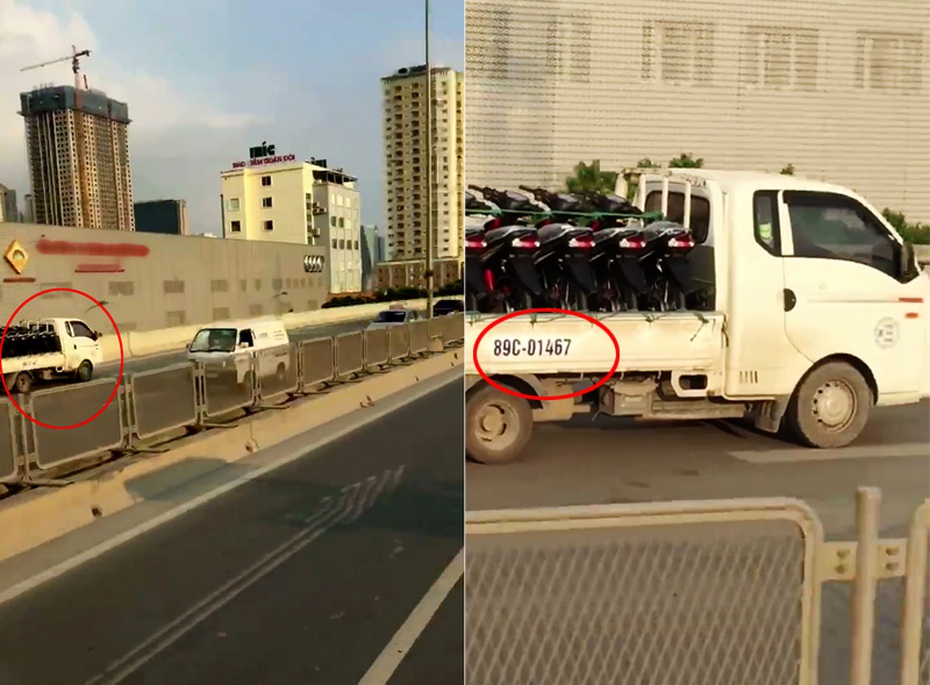 Hà Nội: Xe tải chở xe máy chạy ngược chiều ở đường trên cao