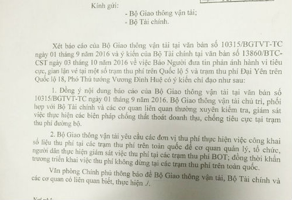 Phó Thủ tướng chỉ đạo giám sát chống tiêu cực trạm thu phí BOT