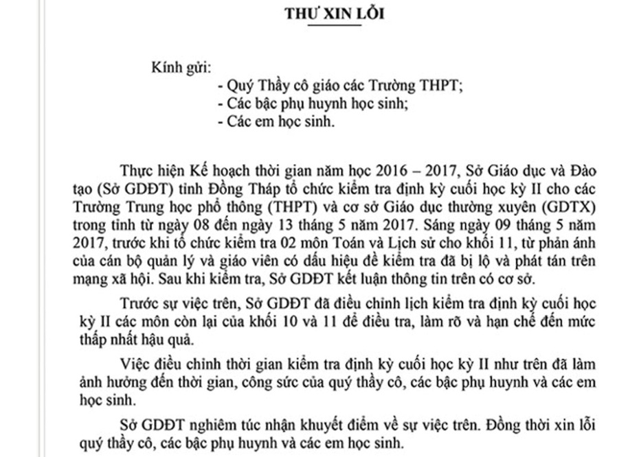 Sở GĐ–ĐT Đồng Tháp gửi thư xin lỗi trong vụ lộ đề thi khối 11