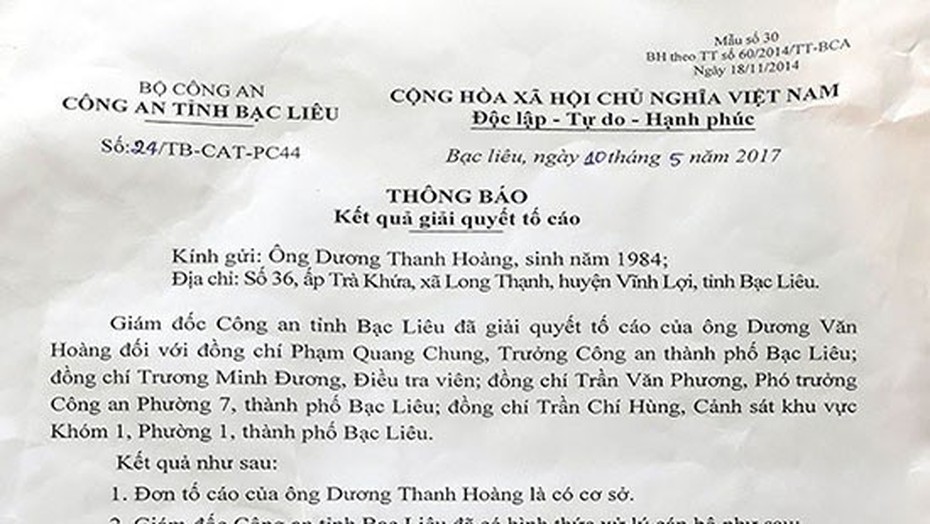 Trưởng công an TP.Bạc Liêu và nhiều cán bộ cấp dưới bị kiểm điểm