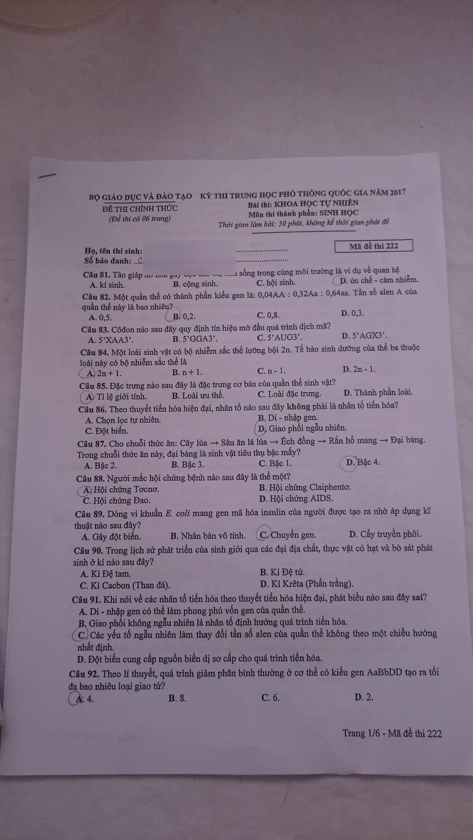 Đề thi tổ hợp Khoa học tự nhiên Vật lý - Hóa học - Sinh học mã 222