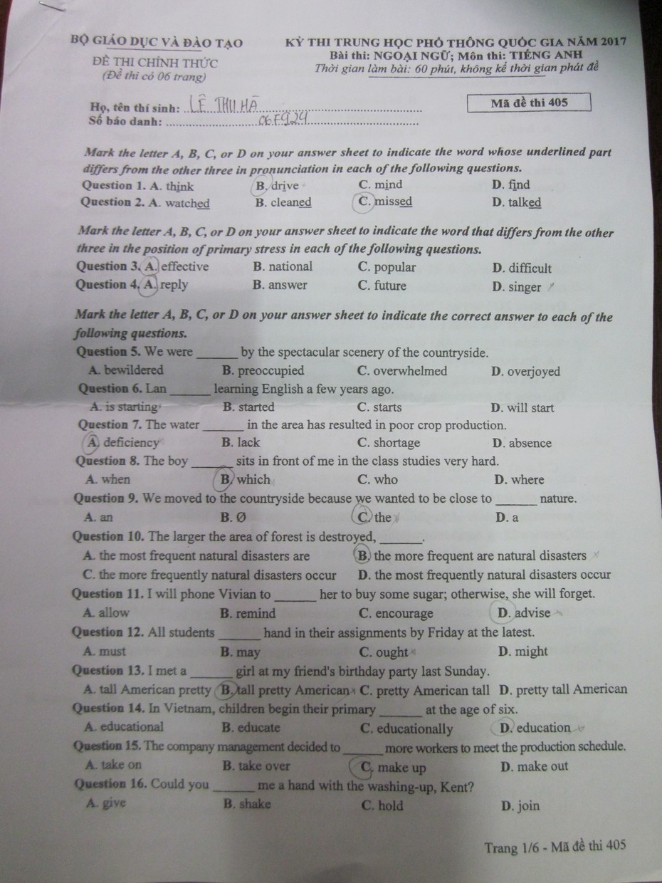 Đáp án đề thi tiếng Anh mã đề 405 THPT Quốc gia 2017