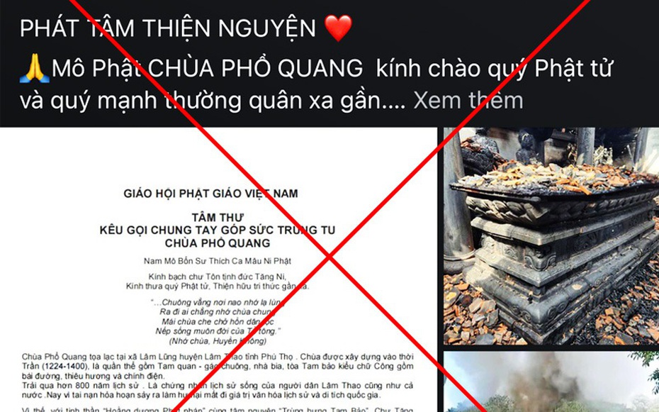 Cảnh báo trang fanpage giả mạo kêu gọi ủng hộ sau vụ cháy chùa Phổ Quang