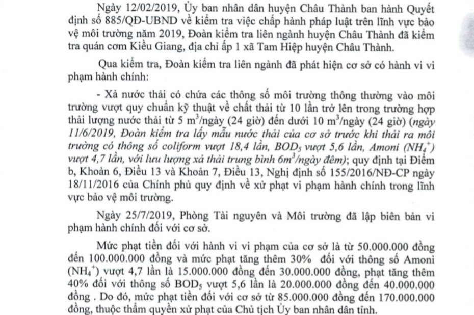 Chủ quán cơm Kiều Giang bị xử phạt hơn 100 triệu vì gây ô nhiễm môi trường