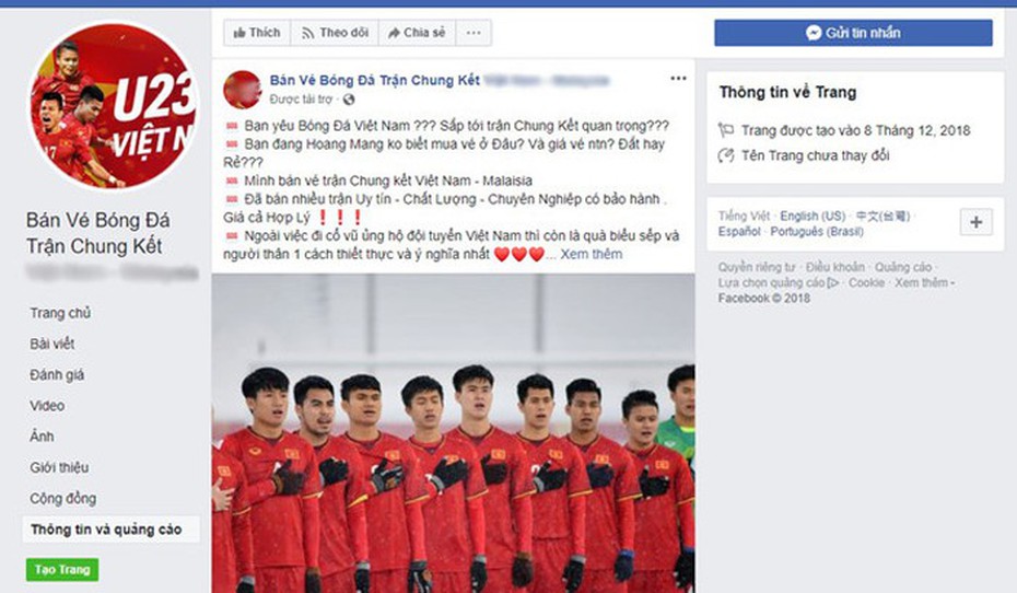 Phe vé lập page, chạy quảng cáo Facebook bán vé chợ đen lượt về Việt Nam vs Malaysia