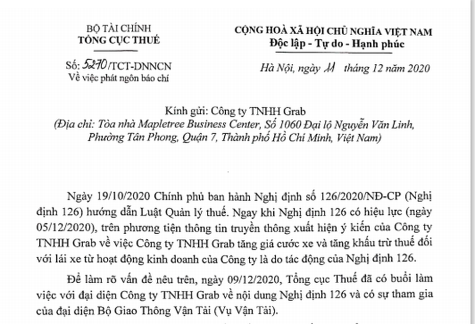 Tổng cục Thuế yêu cầu Grab thận trọng trong phát ngôn
