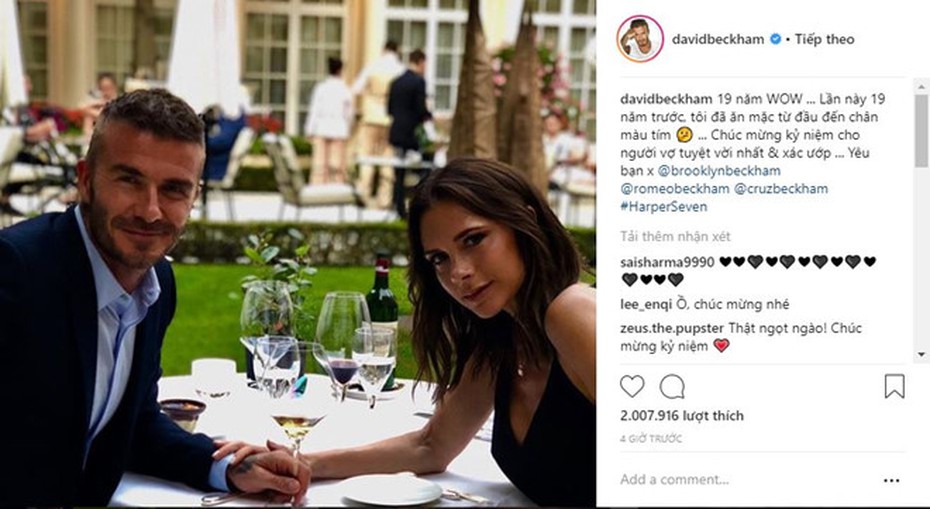 19 năm ngày cưới, vợ chồng David Beckham ngọt ngào tận hưởng bữa tối bên nhau