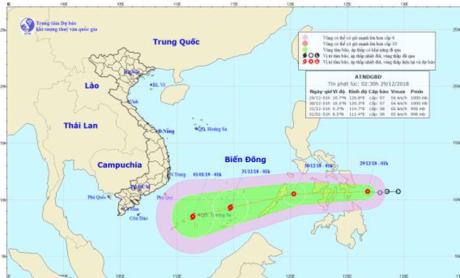 Đêm nay (29/12) áp thấp nhiệt đới đi vào Biển Đông và mạnh lên thành bão, giật cấp 10