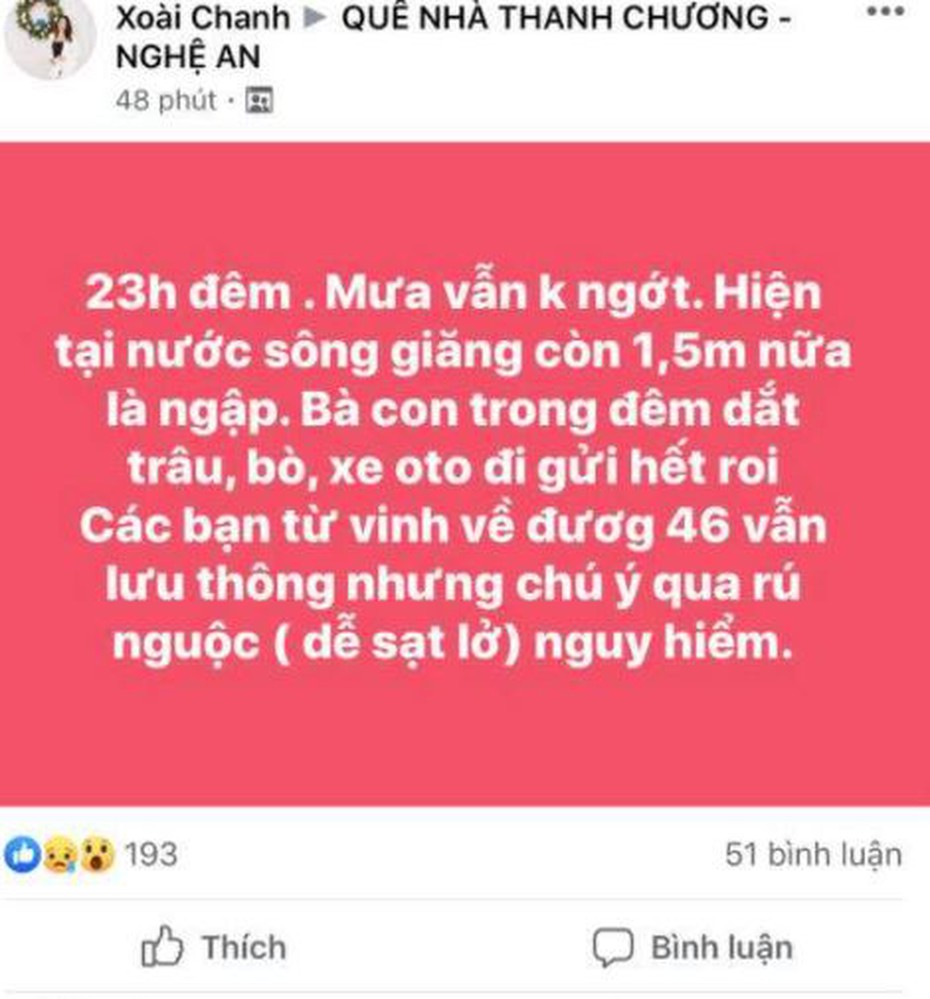 Mưa lớn, thủy điện mở xả tràn, người dân Nghệ An lên mạng kêu cứu