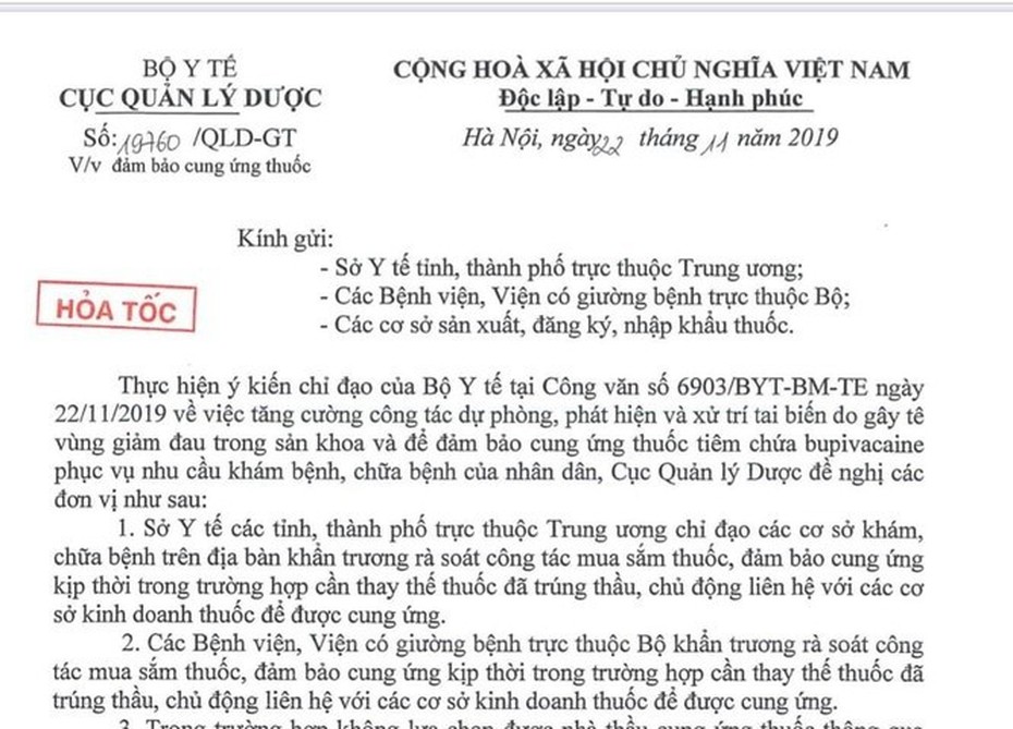 Cục Quản lý Dược gửi công văn hỏa tốc yêu cầu thay thế thuốc tê Bupivacaine