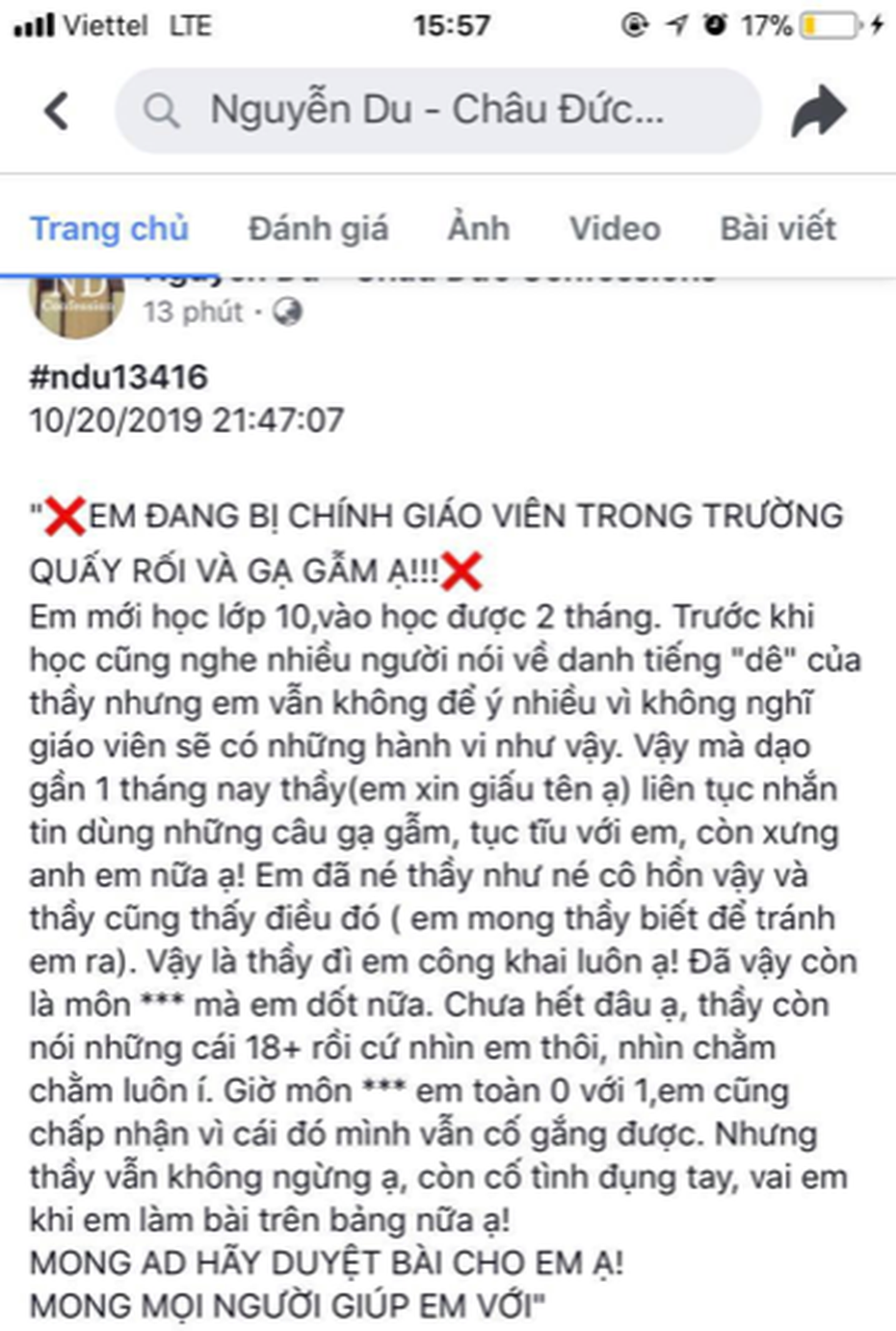 Xác minh thông tin thầy giáo bị tố “gạ tình” nữ sinh lớp 10 xôn xao mạng xã hội