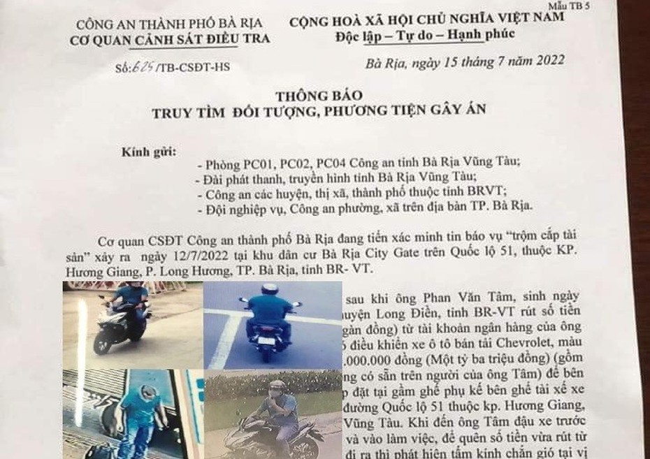 Bà Rịa-Vũng Tàu: Truy tìm kẻ đập kính xe ô tô, lấy trộm hơn 1 tỷ đồng