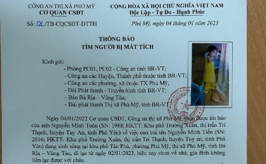 Công an thông báo tìm bé trai 6 tuổi mất tích ở Bà Rịa - Vũng Tàu