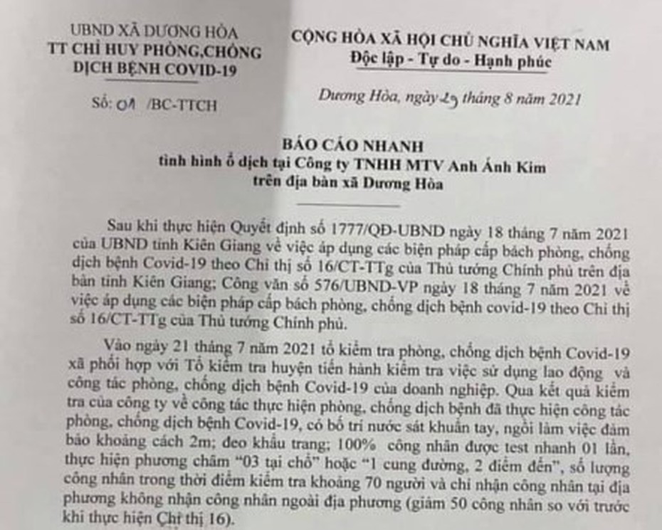 Kiên Giang: Test nhanh phát hiện 65 ca dương tính liên quan ổ dịch tại một công ty