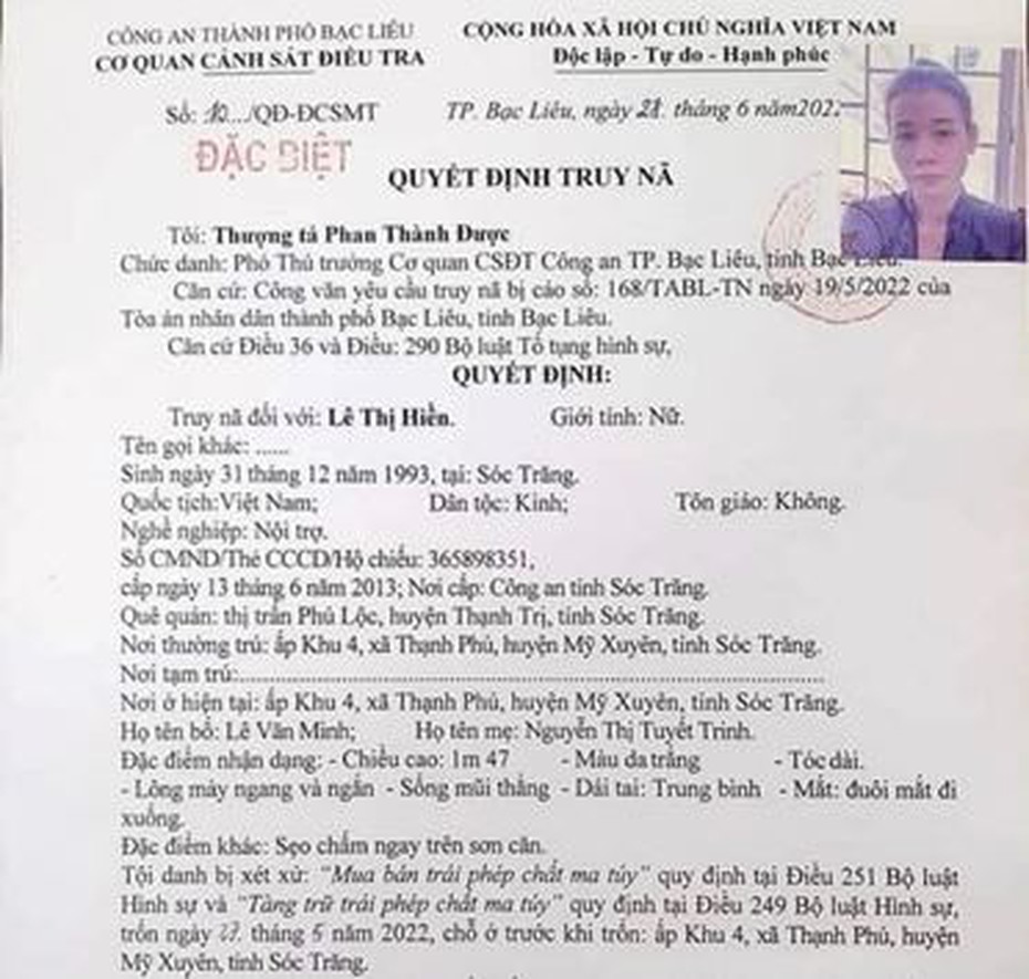 Bạc Liêu: Truy nã đặc biệt người phụ nữ tàng trữ ma túy bỏ trốn