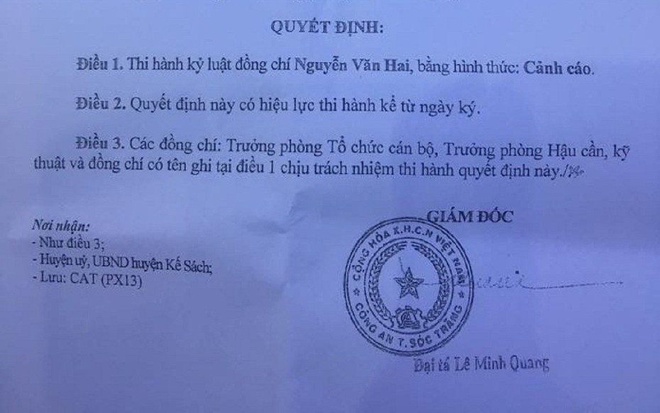 Sóc Trăng: Cảnh cáo Trưởng Công an huyện Kế Sách