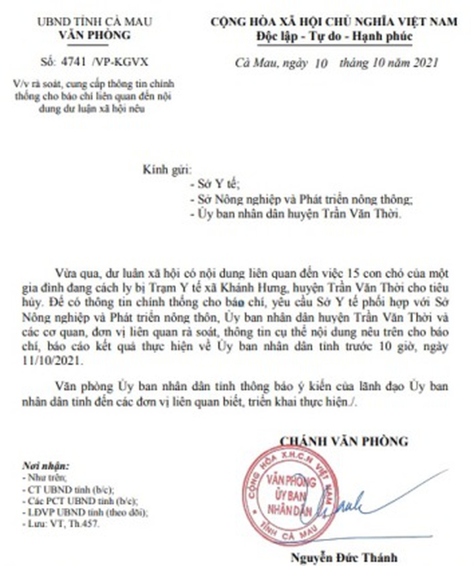Cà Mau: Rà soát, làm rõ việc 15 con chó bị tiêu hủy ở khu cách ly