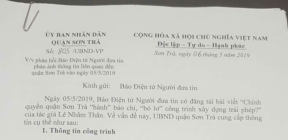 Đà Nẵng: Quận Sơn Trà nhận trách nhiệm, phản hồi báo Người Đưa Tin sau bài viết về một công trình xây dựng trái phép