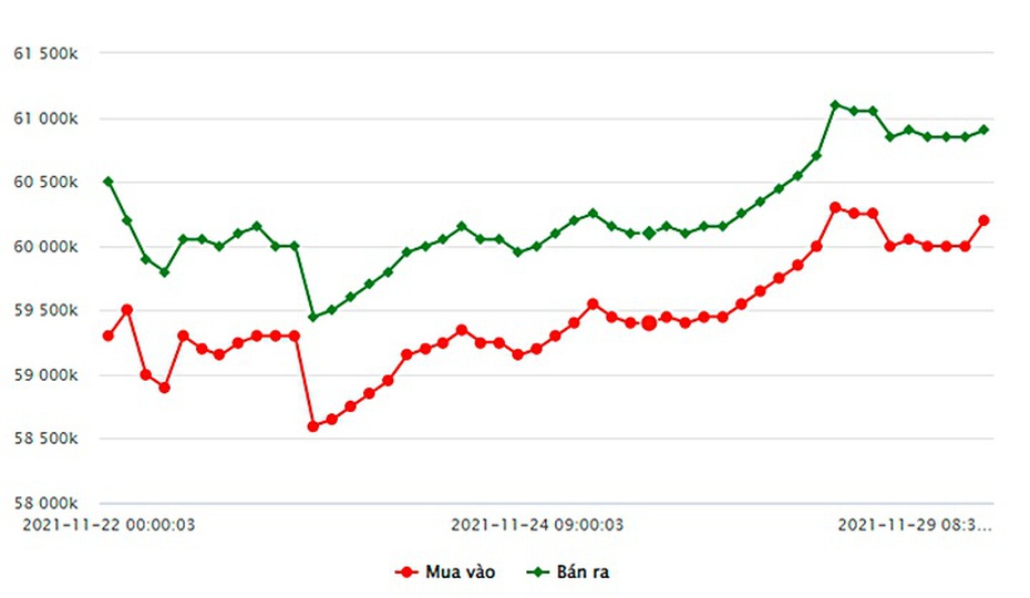 Giá vàng ngày 29/11/2021: Tăng nhẹ, SJC gần mốc 61 triệu đồng/lượng