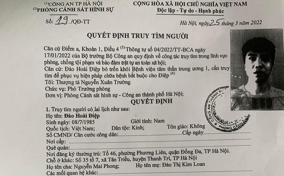 Truy tìm đối tượng bỏ trốn khỏi Bệnh viện tâm thần Trung ương 1