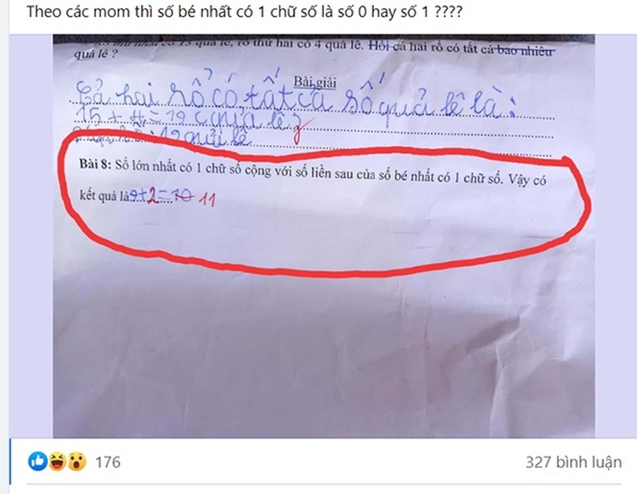 "Căng não” giải bài toán số lớn số bé, học trò viết 9+1=10 vẫn bị cô giáo gạch sai