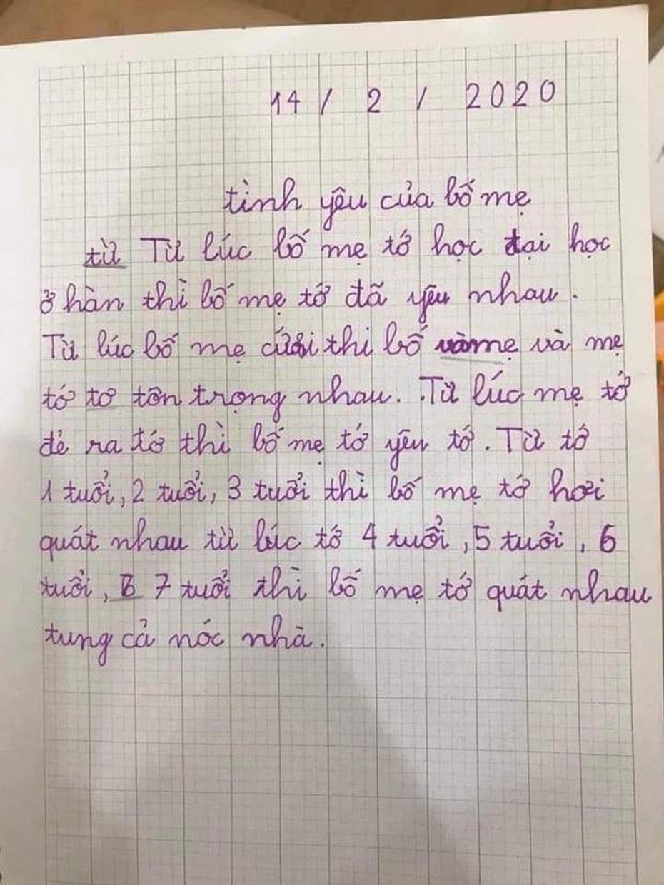 Dân mạng “cười bò” với bài văn tả tình yêu bố mẹ của học sinh cấp 1