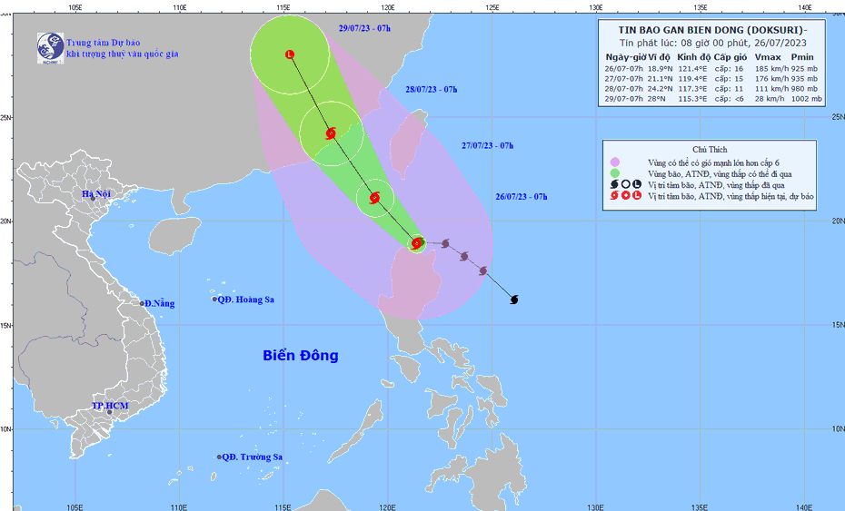 Bão Doksuri giật trên cấp 17 tiến vào Biển Đông trong đêm nay