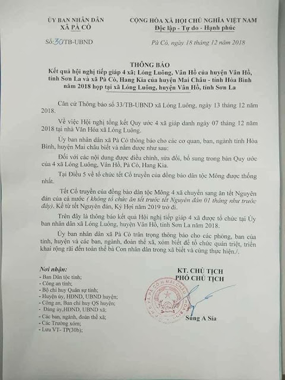Lại bàn chuyện "gộp" Tết từ văn bản của UBND xã Pà Cò