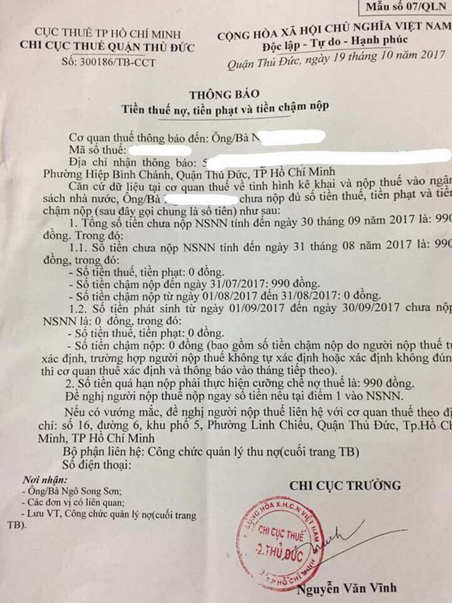 TP.HCM: Một người bị cưỡng chế nợ thuế... 990 đồng