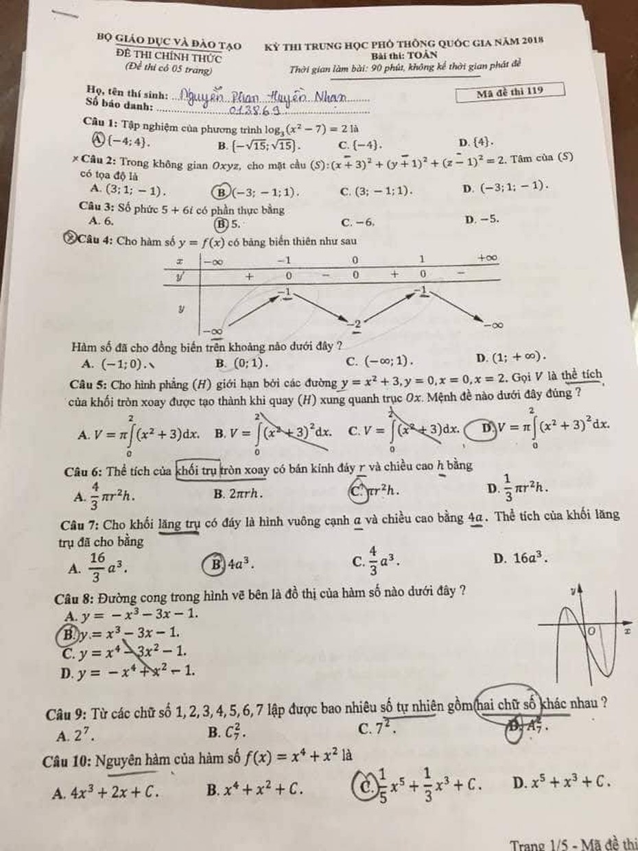 Đề thi, đáp án môn Toán mã đề 119 THPT Quốc gia 2018 chuẩn nhất