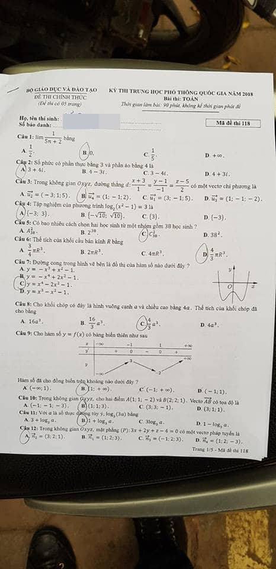 Đề thi, đáp án môn Toán mã đề 118 THPT Quốc gia 2018 chuẩn nhất