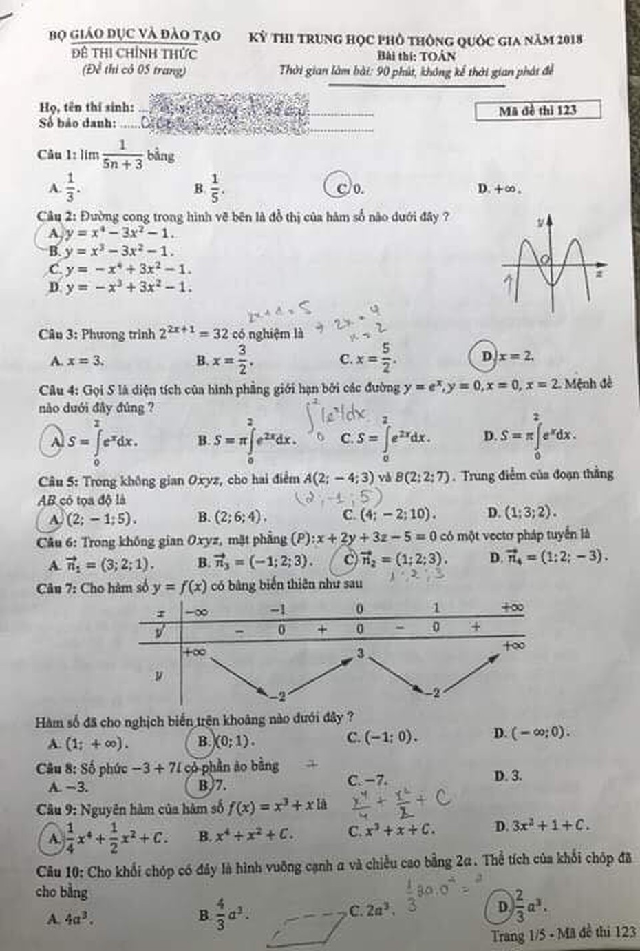 Đề thi, đáp án môn Toán mã đề 123 THPT Quốc gia 2018 chuẩn nhất