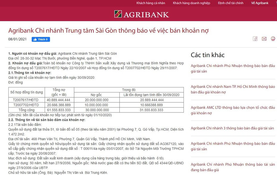 Agribank rao bán tài sản của Công ty Bình Nghĩa để thu hồi nợ