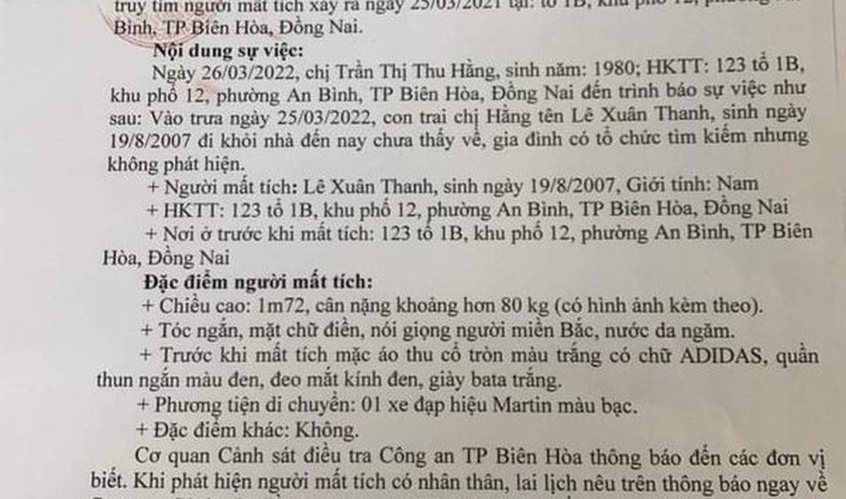 Đồng Nai: Khẩn tìm học sinh lớp 9 mất tích bí ẩn