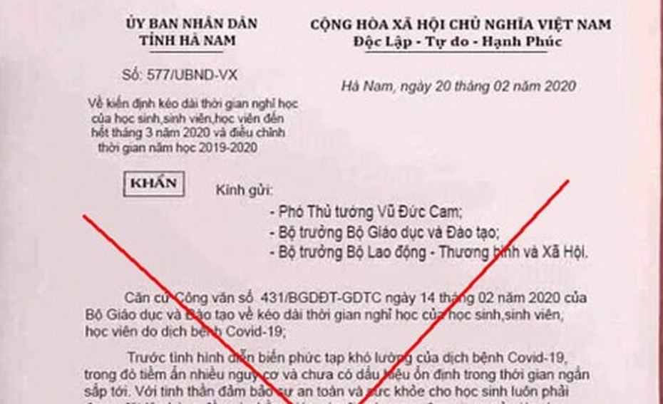 Bị phạt 5 triệu đồng vì đăng văn bản giả mạo UBND tỉnh Hà Nam cho học sinh nghỉ học hết tháng 3 trên facebook