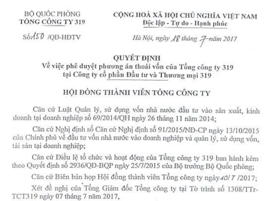 Tổng công ty 319 bắt đầu thoái vốn ở CTCP Đầu tư và thương mại 319