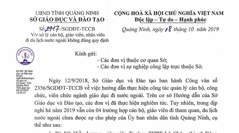 Đề nghị kỷ luật 4 giáo viên tự ý đi nước ngoài