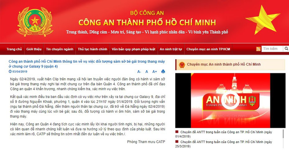 Công an TP.HCM thông tin về vụ việc đối tượng sàm sỡ bé gái trong thang máy