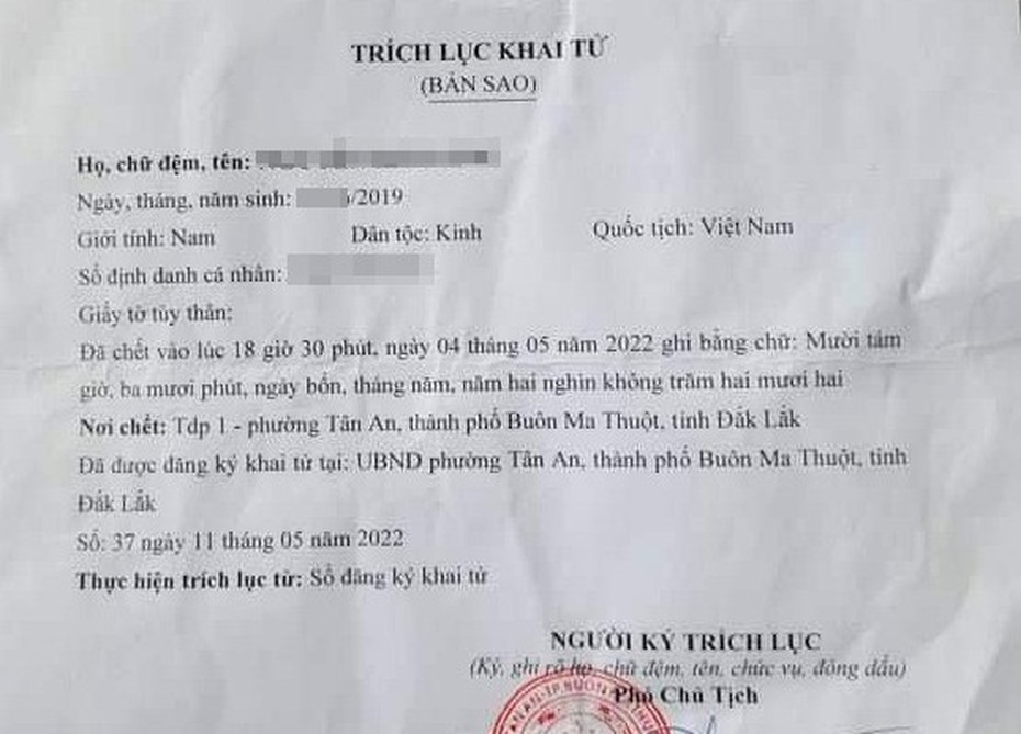 Vụ bé trai 3 tuổi bị mẹ khai tử: Hủy giấy chứng tử cấp không đúng