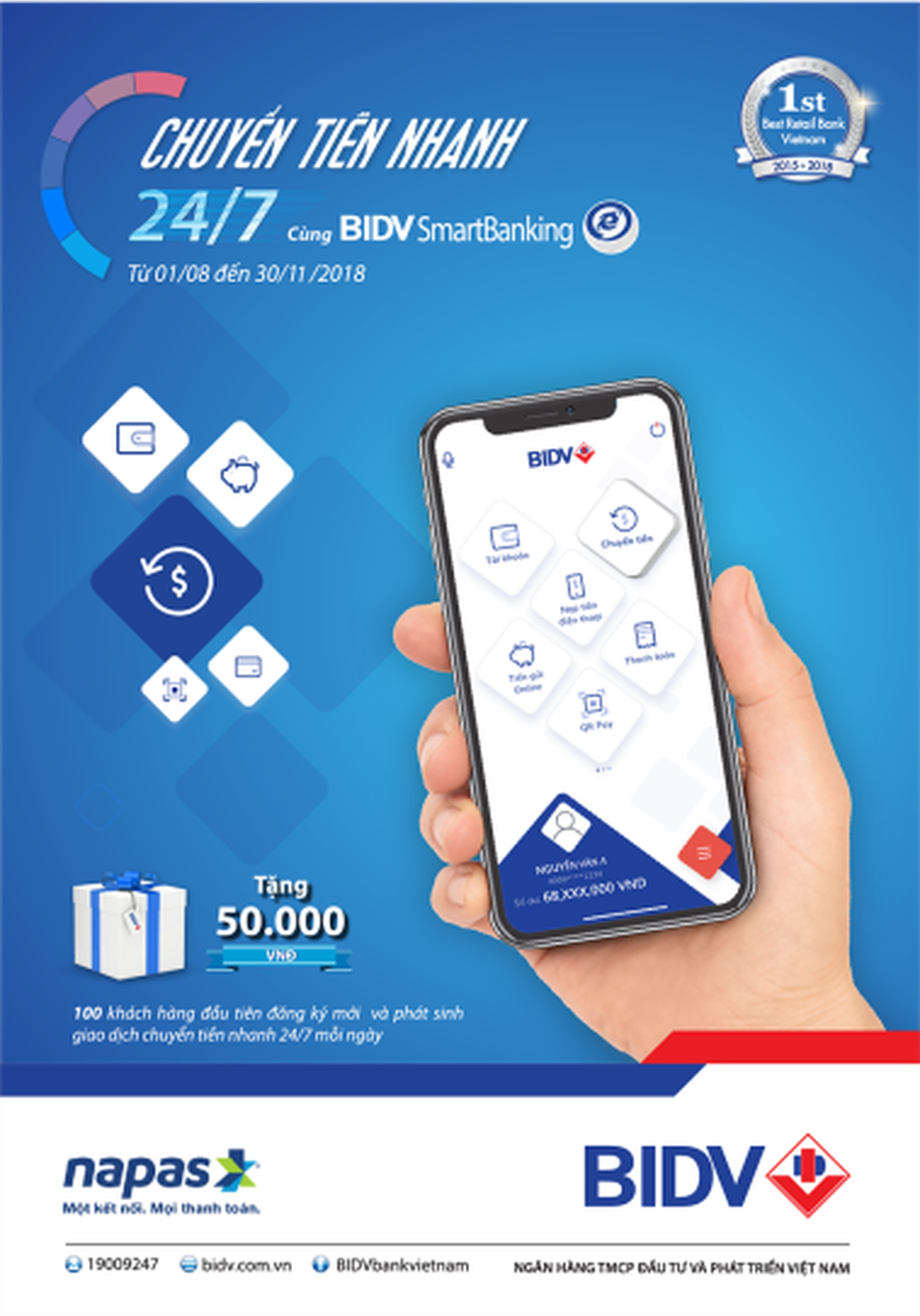 Ưu đãi chuyển tiền nhanh 24/7 trên BIDV SmartBanking